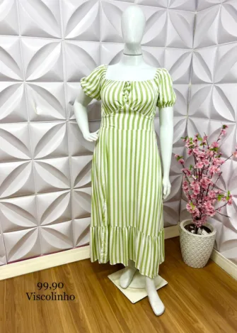 Vestido Viscolinho Listrado Babado Elis - Verde - Milla Chic