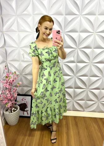 Vestido Viscolinho Estampado com Babado Elis - Borboleta - Milla Chic