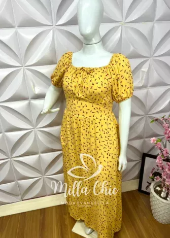 Vestido Viscolinho Estampado Pluss Elis - Amarelo - Milla Chic