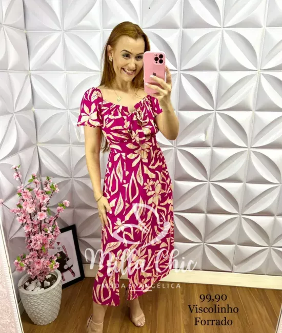 Vestido Viscolinho Mídi Floral Flaviana - Rosa - Milla Chic