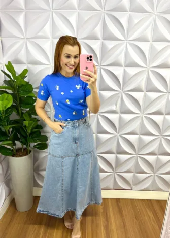 Blusa Tricot Modal Bordada Carol - Azul - Milla Chic