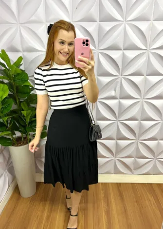 Blusa Tricot Modal Listrada Stef - Branco com Preto - Milla Chic