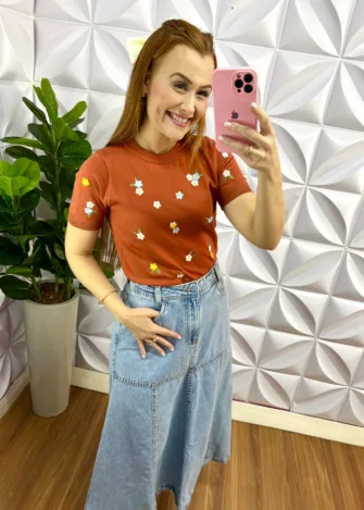Blusa Tricot Modal Bordada Carol - Terracota - Milla Chic