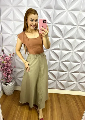 Body com Manga Babadinho e Bojo Virginia - Marrom - Milla Chic