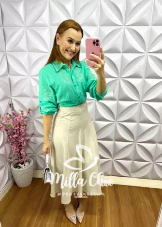 Camisa de Linho Bordada Manga Longa Antonia - Verde - Milla Chic