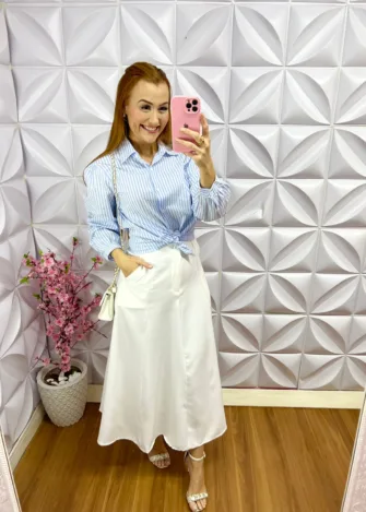 Camisa de Tricoline Listrada Manga Longa Amanda - Azul - Milla Chic