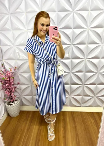 Chemise Listrado Mídi Julia- Azul - Milla Chic