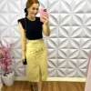 Saia de Linho de Algodão com Bolso e Cinto de Trancinha Camilla - Amarelo - Milla Chic