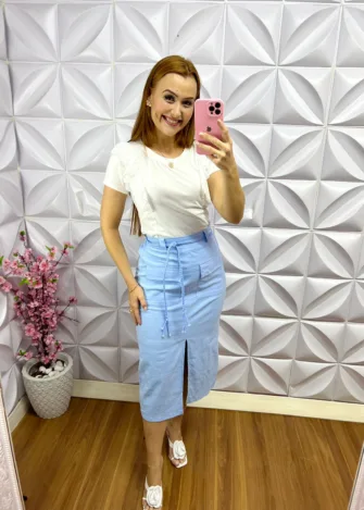 Saia de Linho de Algodão com Bolso e Cinto de Trancinha Camilla - Azul - Milla Chic