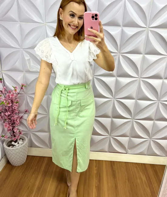 Saia de Linho de Algodão com Bolso e Cinto de Trancinha Camilla - Verde - Milla Chic