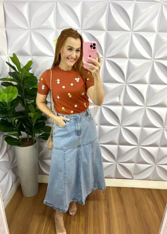 Saia Jeans Midi com Botões Encapados Mariana - Cinza - Milla Chic