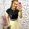 Tshirt Bordada Manga Dobrada Magali - Preto - Milla Chic