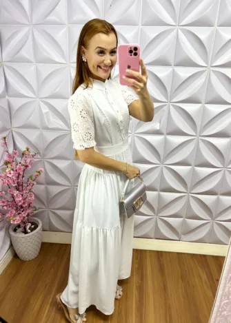 Vestido Alfaiataria com Detalhes em Gripper Elisabeth - Branco - Milla Chic