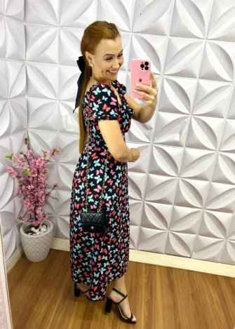 Vestido Alfaiataria Estampa Borboleta Midi Liziane - Preto - Milla Chic