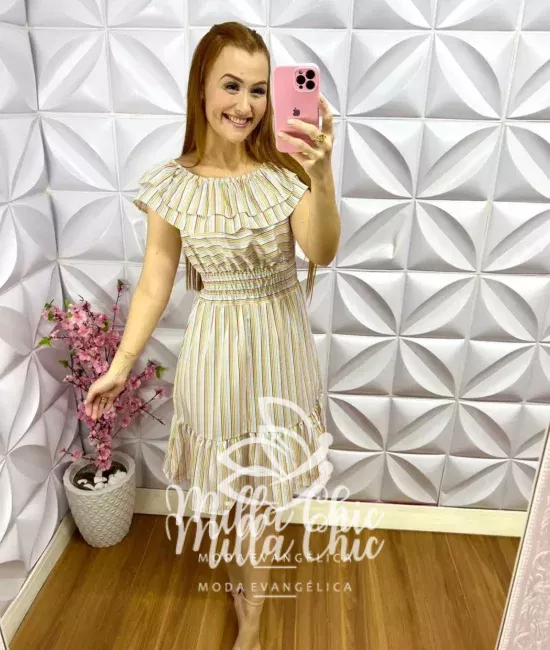 Vestido Alfaiataria Ombro a Ombro Babadinho Listrado Tati - Verde e Rosa - Milla Chic