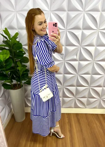 Vestido Crepe Alfaiataria Listrado Longo Ketelyn - Azul Marinho - Milla Chic