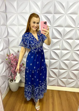 Vestido Crepinho Alfaiataria Floral Longo Naiara - Azul Marinho - Milla Chic