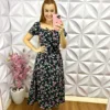 Vestido Crepinho Alfaiataria Floral Midi Liziane - Preto - Milla Chic