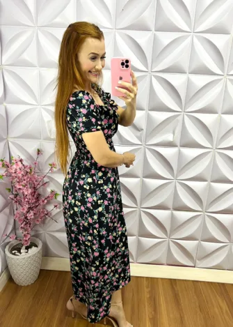 Vestido Crepinho Alfaiataria Floral Midi Liziane - Preto - Milla Chic
