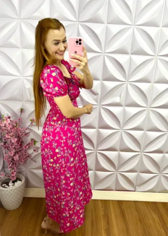 Vestido Crepinho Alfaiataria Floral Midi Liziane - Rosa - Milla Chic
