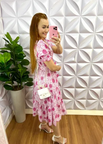 Vestido de Laise de Algodão Natiele - Branco com Rosa - Milla Chic