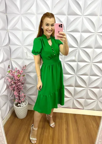 Vestido Dunna Com Gola Laço e Botões Madrepérola Marcelina - Verde - Milla Chic