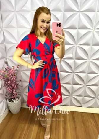 Vestido Dunna Com Lastex e Botões Encapados Jasmim - Vermelho - Milla Chic