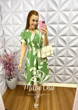 Vestido Dunna Com Lastex e Botões Encapados Jasmim - Verde - Milla Chic