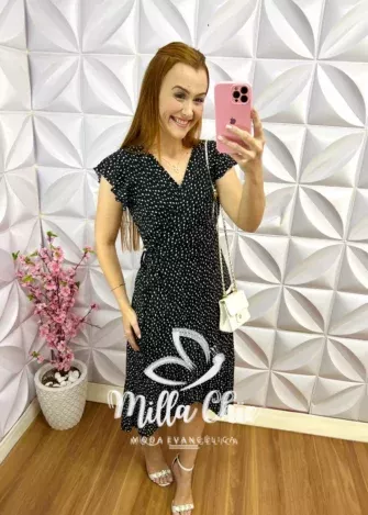Vestido Envelope Viscolinho De Poá Melinda - Preto - Milla Chic