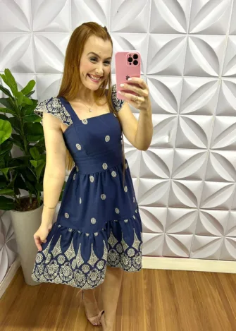 Vestido Jeans Curto Lastex Nas Costas Manga Babadinho Isabela - Azul Marinho - Milla Chic