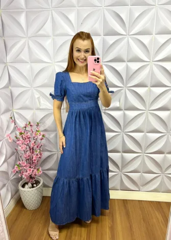 Vestido Jeans Longo com Manga Princesa Jade - Azul - Milla Chic