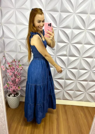 Vestido Jeans Longo Lastex Manga Babadinho Ana Paula - Azul - Milla Chic