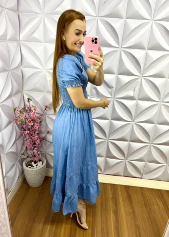 Vestido Jeans Longo Lastex Manga Princesa Stefani - Azul - Milla Chic