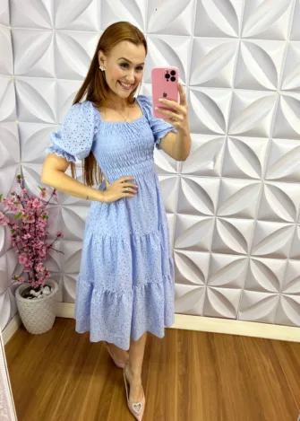 Vestido Lasie com lastex e manga princesa Fernanda - Azul - Milla Chic