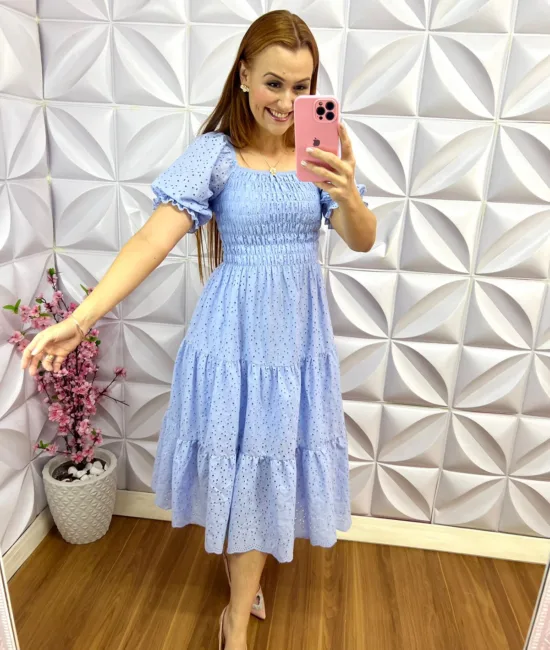 Vestido Lasie com lastex e manga princesa Fernanda - Azul - Milla Chic