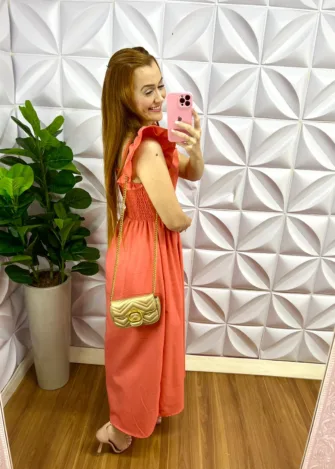 Vestido Linho Manga Babadinho Longo Luane - Apricot - Milla Chic