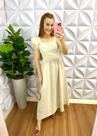 Vestido Linho Manga Babadinho Longo Luane - Areia - Milla Chic