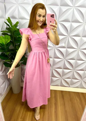 Vestido Linho Manga Babadinho Longo Luane - Rosa - Milla Chic