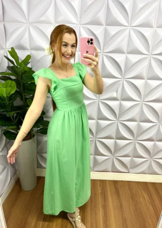 Vestido Linho Manga Babadinho Longo Luane - Verde - Milla Chic