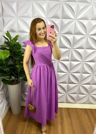 Vestido Linho Manga Babadinho Longo Luane - Roxo - Milla Chic