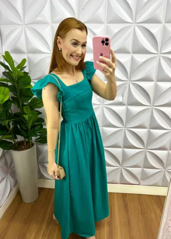 Vestido Linho Manga Babadinho Longo Luane - Verde Escuro - Milla Chic