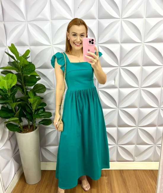 Vestido Linho Manga Babadinho Longo Luane - Verde Escuro - Milla Chic