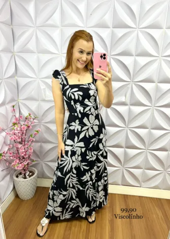Vestido Longo Viscolinho Floral Luna - Preto - Milla Chic