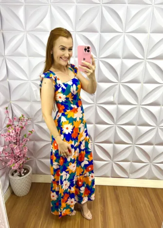 Vestido Longo Viscolinho Floral Luna - Azul - Milla Chic