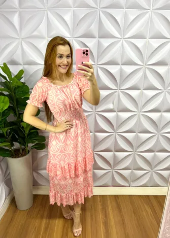 Vestido Tule Elástico No Decote Pala De Lastex Mídi Com Babadinho Na Maria Vania - Rosa - Milla Chic