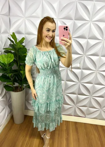 Vestido Tule Elástico No Decote Pala De Lastex Mídi Com Babadinho Na Maria Vania - Verde - Milla Chic