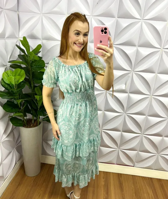 Vestido Tule Elástico No Decote Pala De Lastex Mídi Com Babadinho Na Maria Vania - Verde - Milla Chic