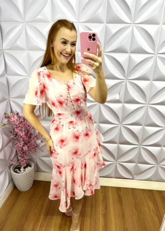 Vestido no Chiffon Floral Mídi Catarina - Rosa - Milla Chic