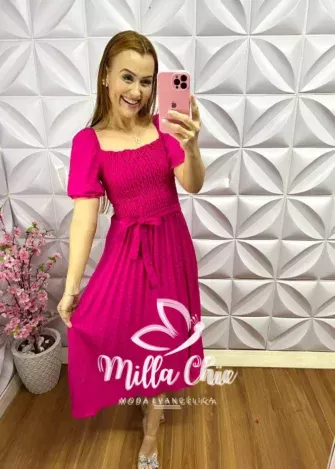 Vestido Pipoquinha com Lastex com Saia Plissada Cassiane - Rosa - Milla Chic