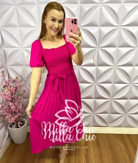 Vestido Pipoquinha com Lastex com Saia Plissada Cassiane - Rosa - Milla Chic